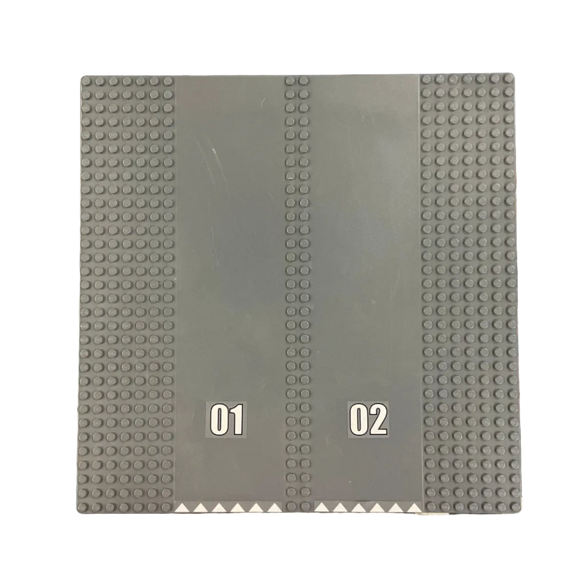 32x32 Road Baseplate 7-Stud Straight with Double Driveway with '01' and '02' and White Triangles Pattern (Stickers), Part# 30225c01pb04