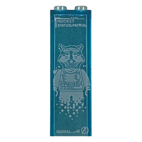 Brick 1 x 2 x 5 with Silver Avengers Logo and Rocket Raccoon Minifigure Pattern (Sticker), Part# 2454pb291