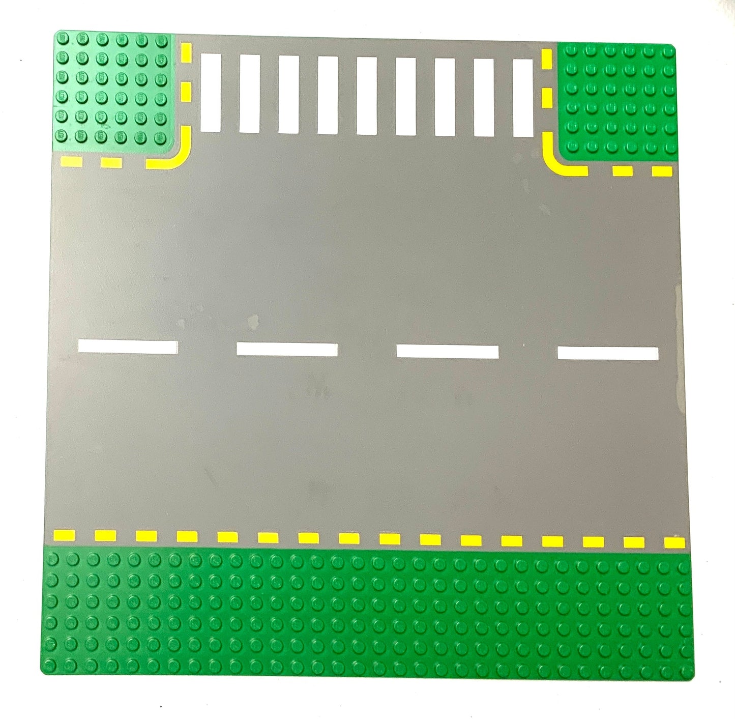 32x32 Road Baseplate 6-Stud T Intersection with Dark Gray Road, Yellow Dashed Lines, and Crosswalk Pattern, Part# 44341pb01
