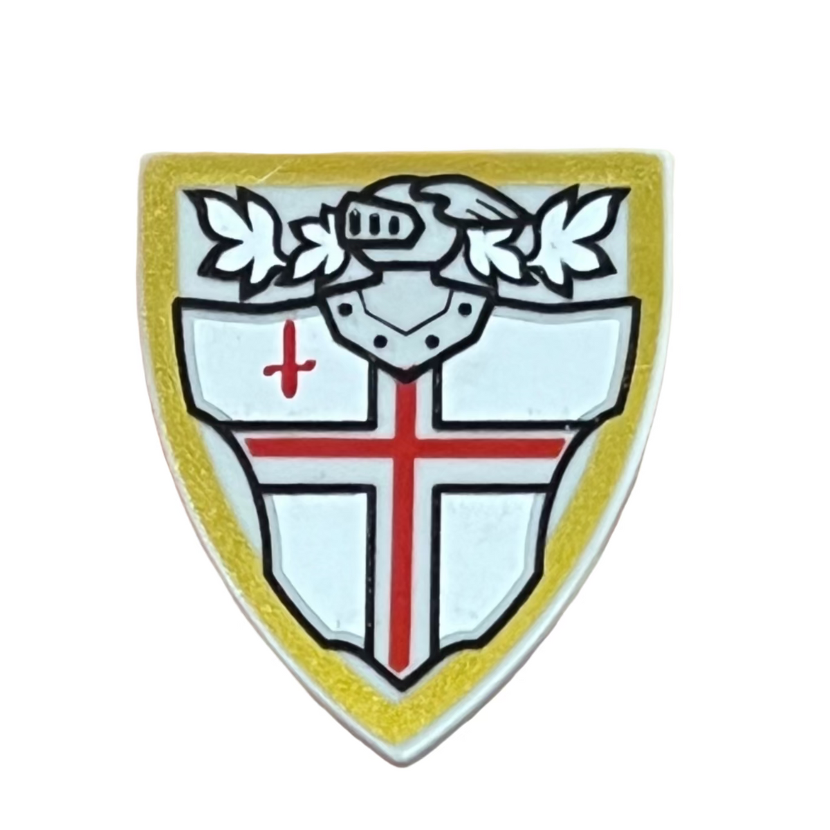 Minifigure Shield Triangular Short with Red St. George's Cross and Helmet with Face Grille Pattern, 3846pb032