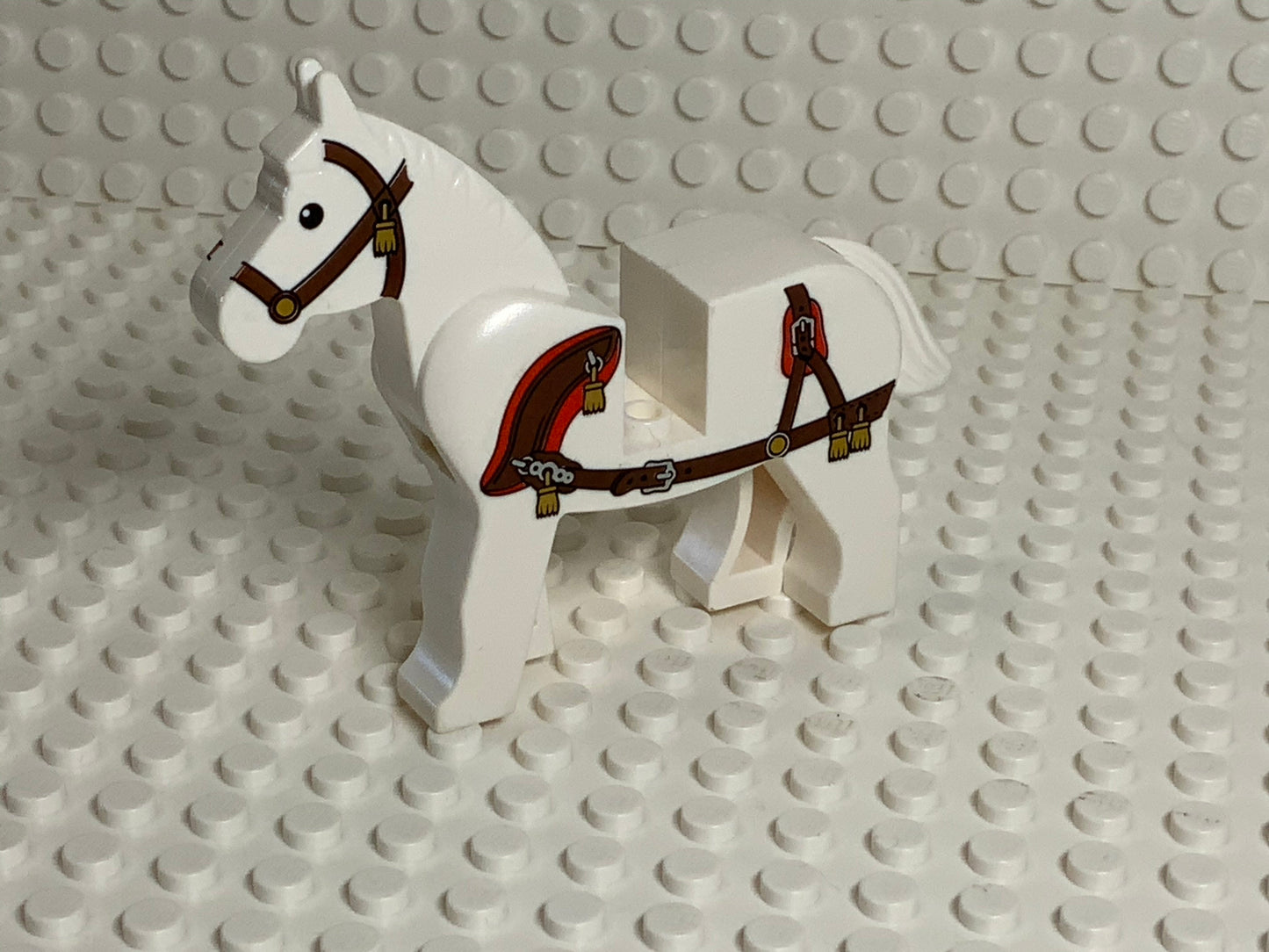 White LEGO® Horse w/ Ornate Harness & Gold Tassels