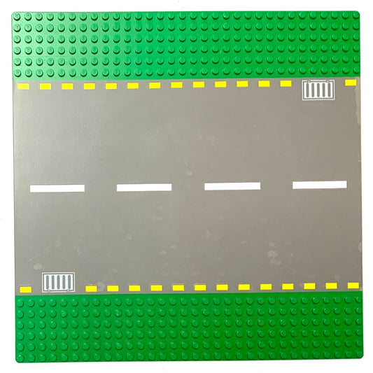 32x32 Road Baseplate 6-Stud Straight with Dark Gray Road, Yellow Dashed Lines, and Light Gray Storm Drains Pattern, Part# 44336pb01