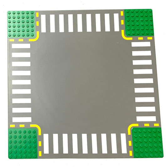 32x32 Road Baseplate 6-Stud Crossroad with Dark Gray Road, Yellow Dashed Lines, and White Crosswalks Pattern, Part# 44343pb01