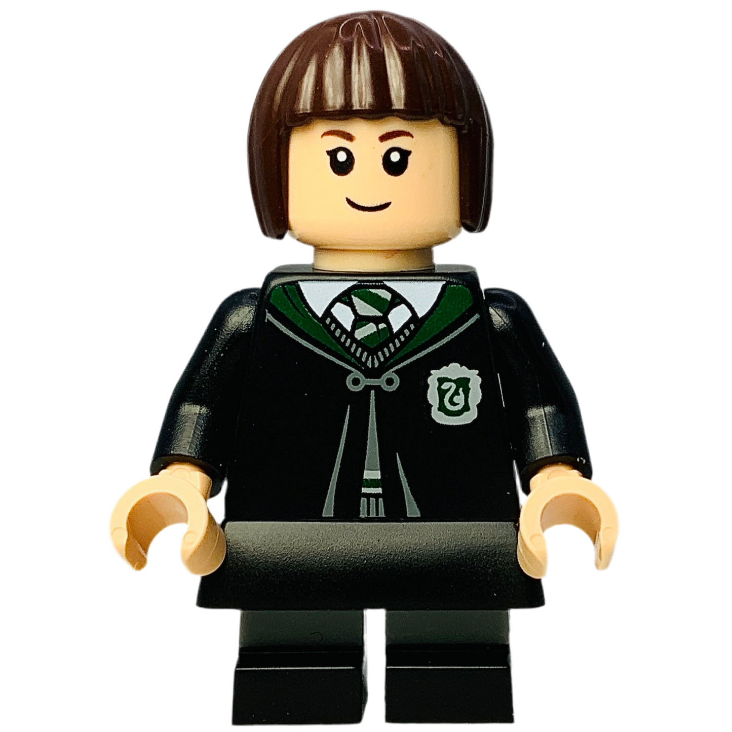 Pansy Parkinson - Slytherin Robe Clasped, Black Skirt, Black Short Legs with Dark Bluish Gray Stripes, hp492