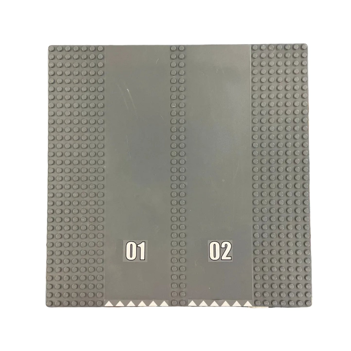 32x32 Road Baseplate 7-Stud Straight with Double Driveway with '01' and '02' and White Triangles Pattern (Stickers), Part# 30225c01pb04