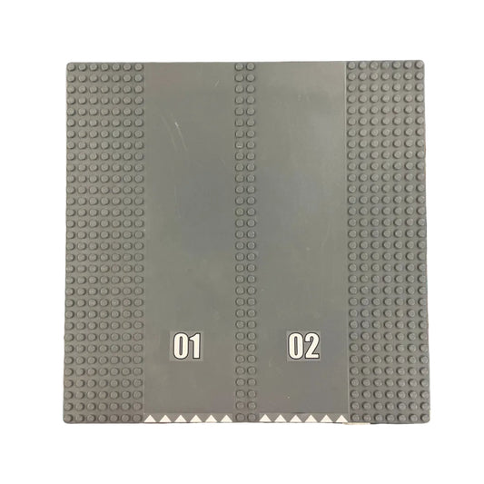 32x32 Road Baseplate 7-Stud Straight with Double Driveway with '01' and '02' and White Triangles Pattern (Stickers), Part# 30225c01pb04