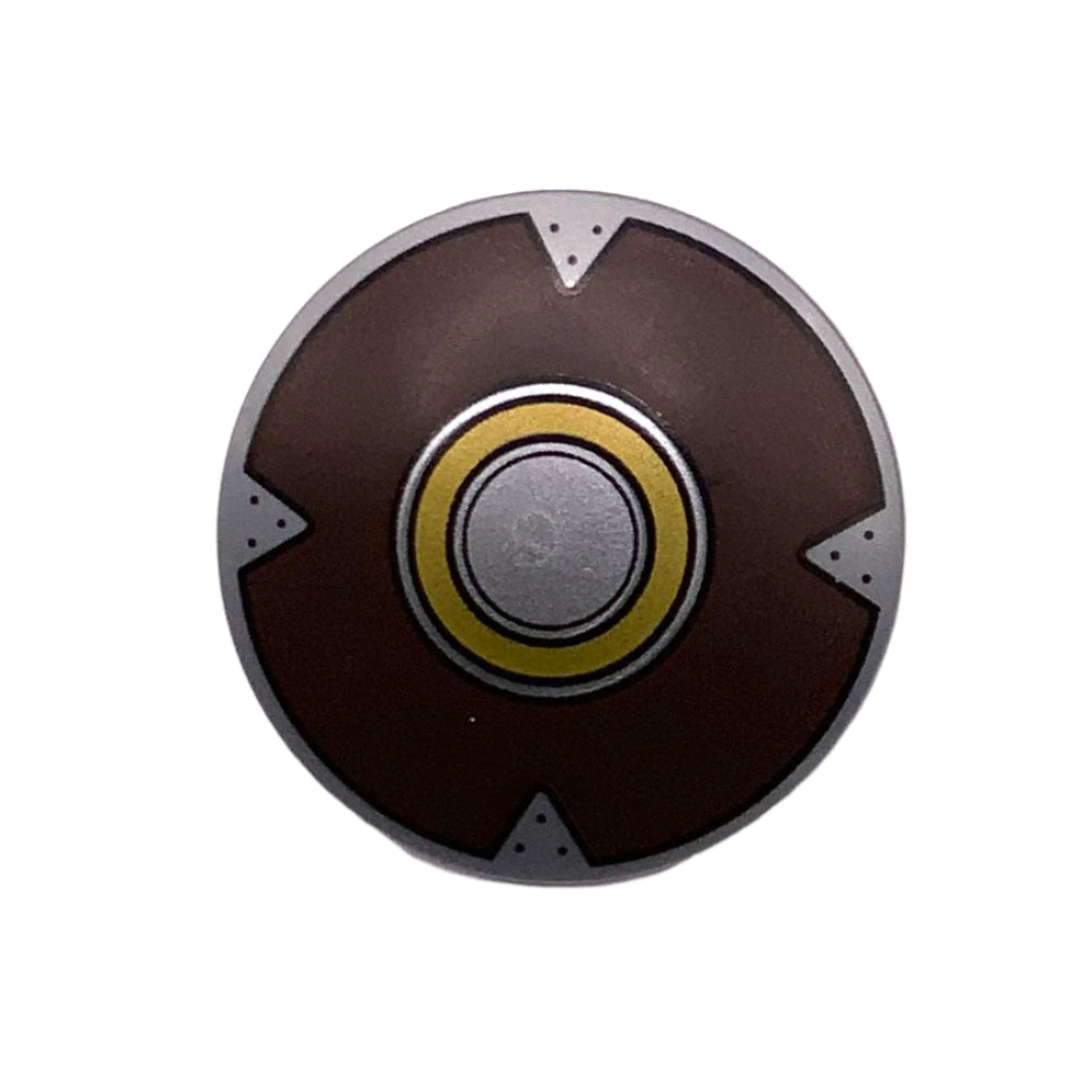 Minifigure, Shield Circular / Round Convex Face with Silver, Gold, and Dark Brown Concentric Rings Pattern, Part# 75902pb27