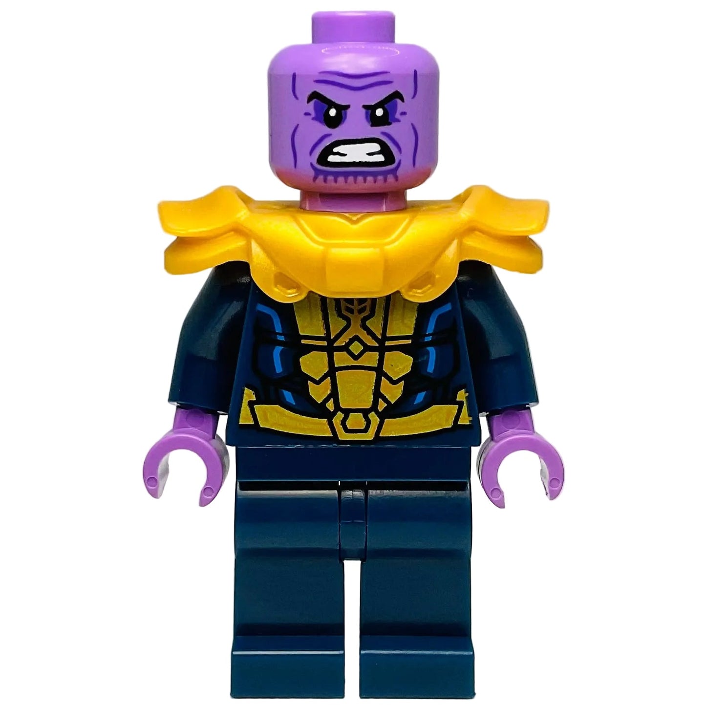 Thanos - Minifigure, Dark Blue and Gold Outfit, Dark Blue Arms, Medium Lavender Hands, Shoulder Armor, sh1044 LEGO® Marvel Minifigure