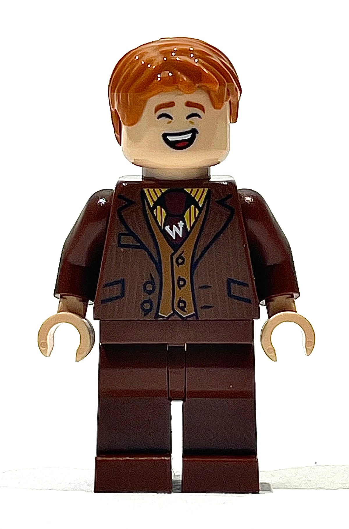 George Weasley - Reddish Brown Suit, Dark Red Tie, Smiling / Laughing, hp435