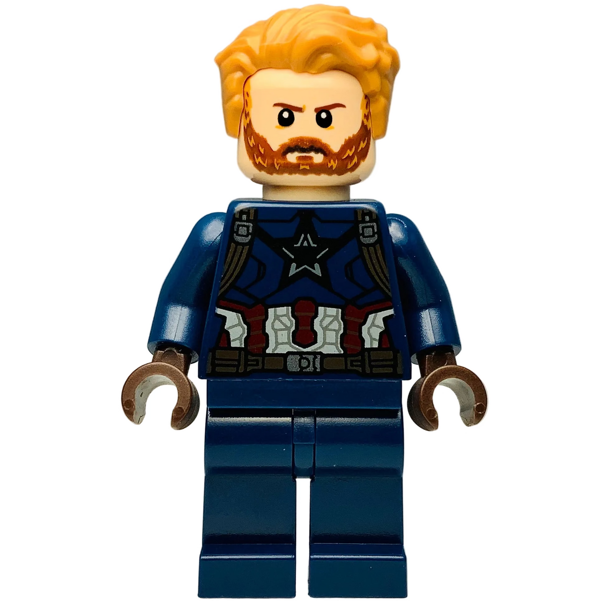 Captain America - Dark Blue Suit with Dark Brown Belt and Harness, Dark Brown Hands, Hair, sh0495 - LEGO® Marvel Minifigure