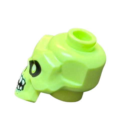 Minifigure, Head, Modified Skull with Black Eyes, Nose, Mouth, White Pupils, Teeth and Sand Green Around Mouth Pattern, Part# 43693pb05
