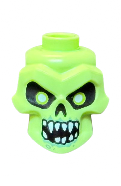 Minifigure, Head, Modified Skull with Black Eyes, Nose, Mouth, White Pupils, Teeth and Sand Green Around Mouth Pattern, Part# 43693pb05