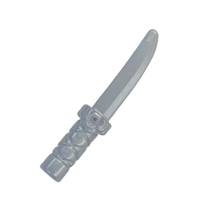 Minifigure, Weapon Knife with Flat Hilt End and Curved Blade, Cross Hatched Grip, Part #37341b