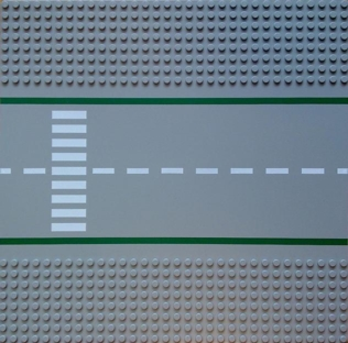32x32 Road Baseplate 8-Stud Straight with Street with Green Lines and White Crosswalk Pattern, Part# 30279pb03
