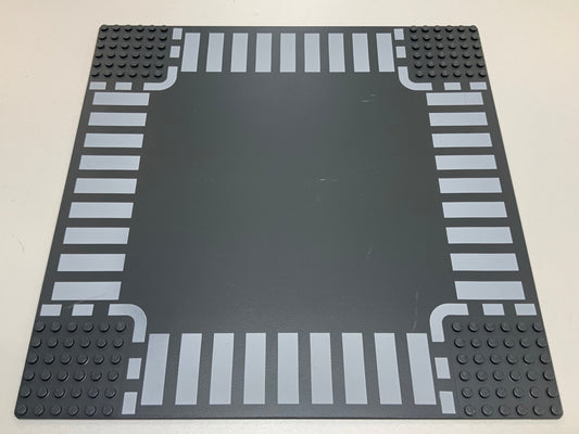 32x32 Road Baseplate 6-Stud Crossroad with White Dashed Lines and Crosswalk Pattern, Part# 44343px3